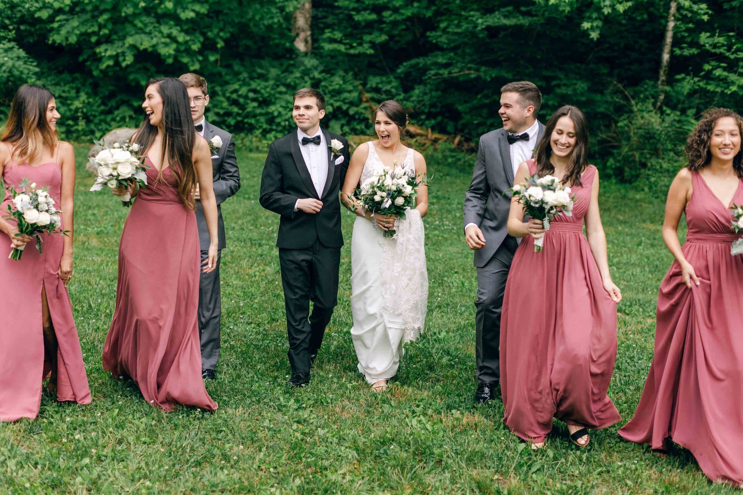 Wedding party celebrating at wedding at the Camp at Buffalo Mountain